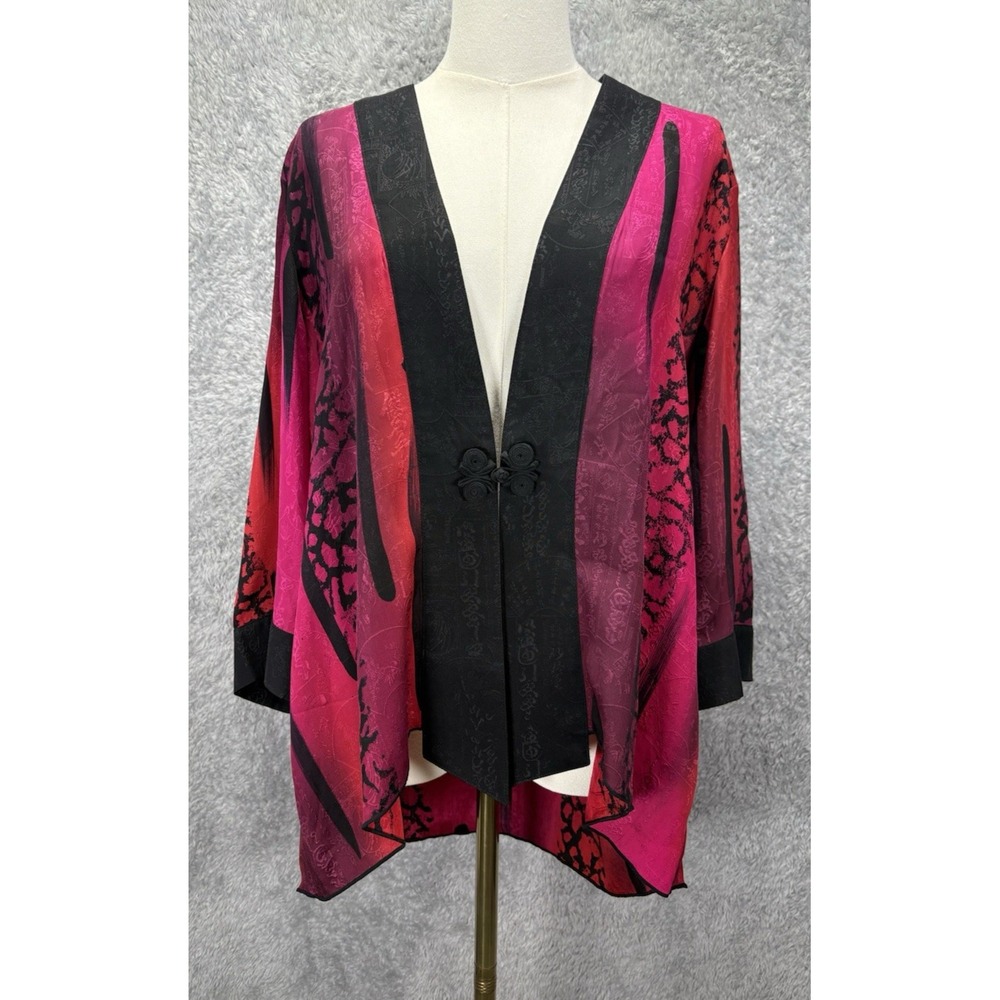Simply Silk Women's L 100% Silk Kimono Jacket Pink Black Open Front Artsy Boho